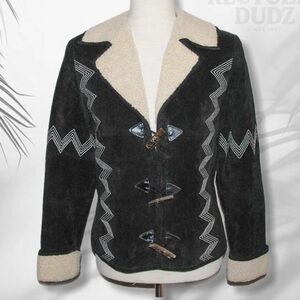 DOUBLE D RANCH Black Suede Jacket Sherpa Collar toggles Zig Zag embroidery EUC